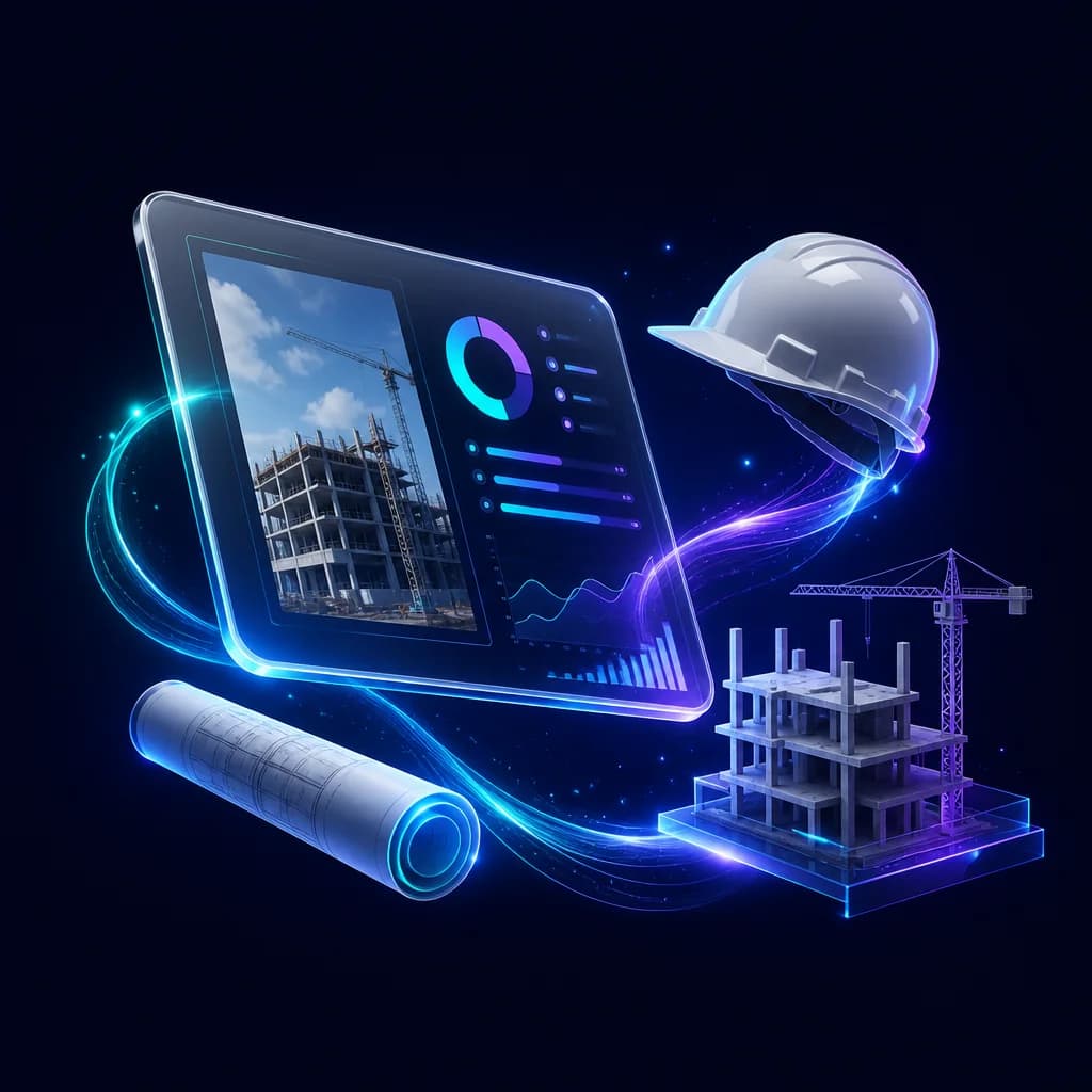 A construction site model, hard hat, tablet and supervision report on a desk